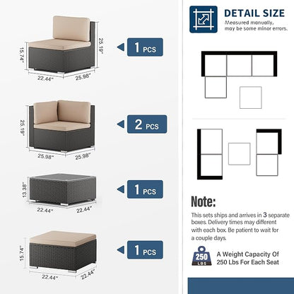 SUNCROWN 5-Piece Outdoor Patio Furniture Set, All-Weather PE Rattan Sectional Sofa with Ottoman, Glass Coffee Table & Cushions, Modular Wicker Conversation Set for Backyard, Garden, Porch, Beige