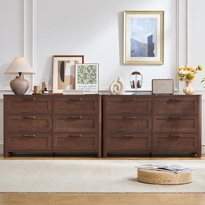 Joaxswe Farmhouse 6 Drawer Dresser for Bedroom, Horizontal Dressers with 6 Deep Drawers & 4 Thickened Table Legs & Round Table Corner, Walnut
