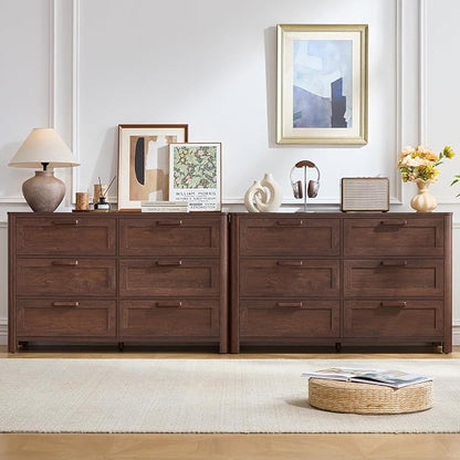 Joaxswe Farmhouse 6 Drawer Dresser for Bedroom, Horizontal Dressers with 6 Deep Drawers & 4 Thickened Table Legs & Round Table Corner, Walnut