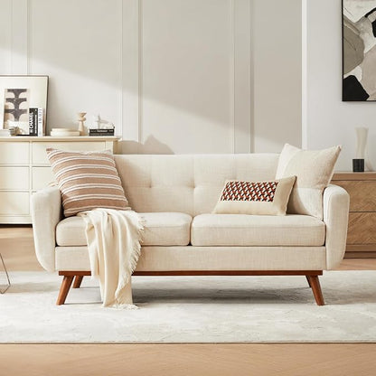 Kingfun 65.2" W Loveseat Sofa, Mid Century Modern Decor Love Seat Couches for Living Room, Button Tufted Upholstered Furniture, Easy to Install Small Couch for Bedroom Office Apartment, Cream White