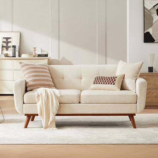 Kingfun 65.2" W Loveseat Sofa, Mid Century Modern Decor Love Seat Couches for Living Room, Button Tufted Upholstered Furniture, Easy to Install Small Couch for Bedroom Office Apartment, Cream White
