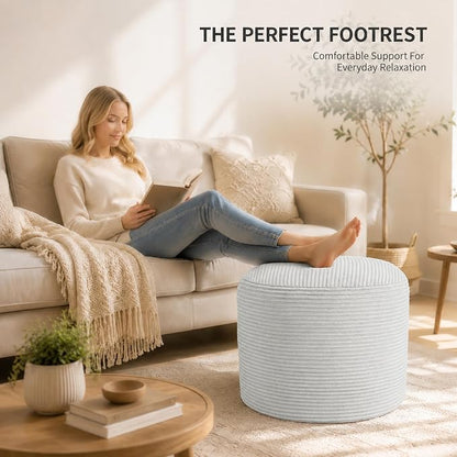 Stuffed Pouf Ottoman Foot Rest with 2.8-inch Solid Foam Base | Odorless Filling Resists Clumping, Washable Corduroy Cover, Round Foot Stool for Living Room Couch Lounging and Home Decor