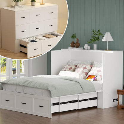 Full Size Murphy Bed with Storage & Charging Station – Farmhouse Cabinet Bed, Space Saving & Noise-Free Wall Bed for Guest Bedroom, Living Room, Office, White