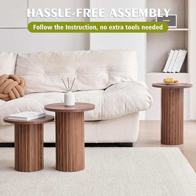 Round Side Tables Set of 3, Circle Modern Fluted Nesting Coffee Table, Accent End Table Set for Living Room and Bedroom, Brown