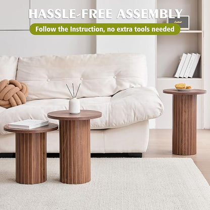 Round Side Tables Set of 3, Circle Modern Fluted Nesting Coffee Table, Accent End Table Set for Living Room and Bedroom, Brown