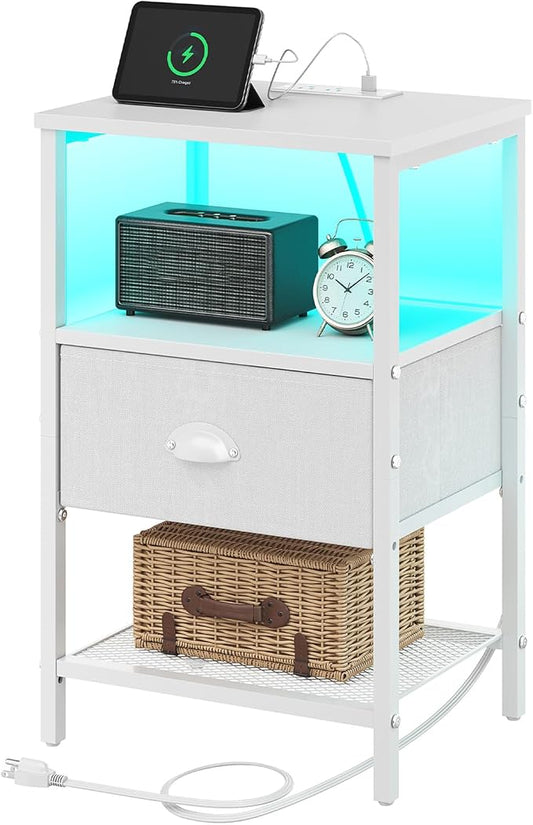 sthmec Nightstands with Charging Station, LED Bedside Tables with Charging Station and Fabric Drawer, Night Stand with Storage, 3 Tier Side Table with Open Shelf, LED Nightstand Bedside Table,White