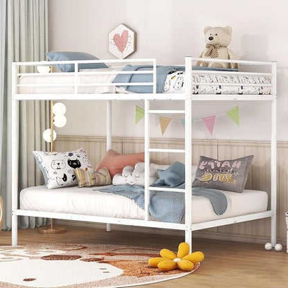 Bunk Bed Twin Over Twin, Metal Bunk Bed Frame, Metal Bunkbeds with Built-in Ladder, High Guardrail and Slats, No Box Spring Needed, Space Saving, Noise Free (White)