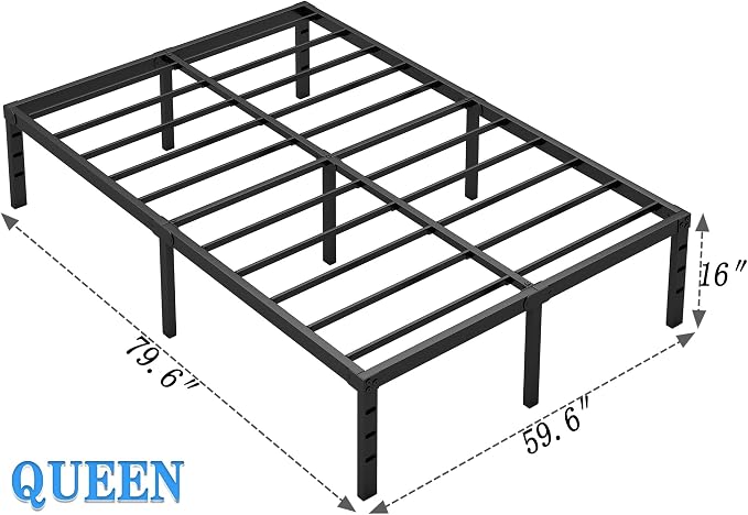 NEW JETO Metal Bed Frame,Queen Size Bed Frame with Storage Space,Heavy Duty Sturdy Mattress Foundation,Easy Assembly,No Box Spring Needed, Black,16 Inch,Queen