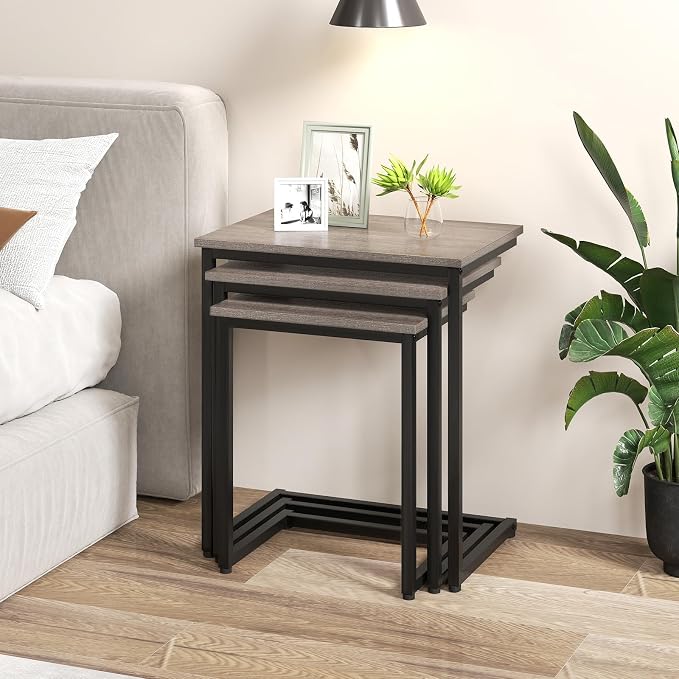 GOFLAME Nesting Coffee Tables Set of 3, Rectangular Nesting Center Table with Wood Grain Top & Metal Frame, Modern C-Shaped Nested Side Table Set for Living Room, Bedroom, Black & Oak