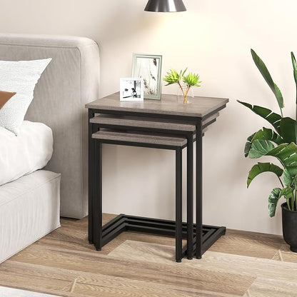 GOFLAME Nesting Coffee Tables Set of 3, Rectangular Nesting Center Table with Wood Grain Top & Metal Frame, Modern C-Shaped Nested Side Table Set for Living Room, Bedroom, Black & Oak