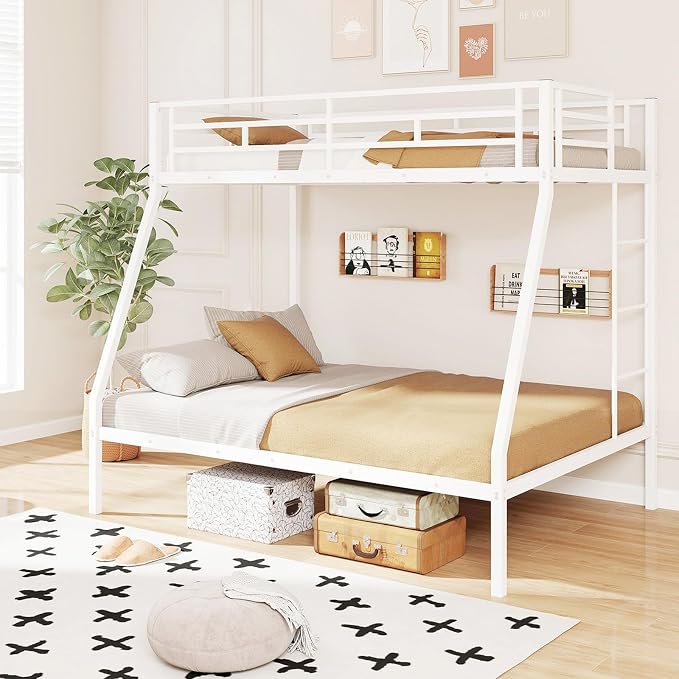 DORTALA Twin Over Full Bunk Bed, Metal Bunk Bed Frame w/Ladder, Safety Rail & Steel Slats, Space-Saving Bunk Beds for Kids Teens Adults, Noise Free for Dorm Bedroom, No Box Spring Needed, White