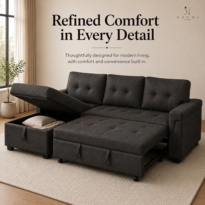Naomi Home 84" L-Shaped Sectional Sleeper Sofa with Pull Out Bed | Sleeps guests comfortably, stores essentials in chaise & saves space, Velvet, Espresso convertible sofa bed