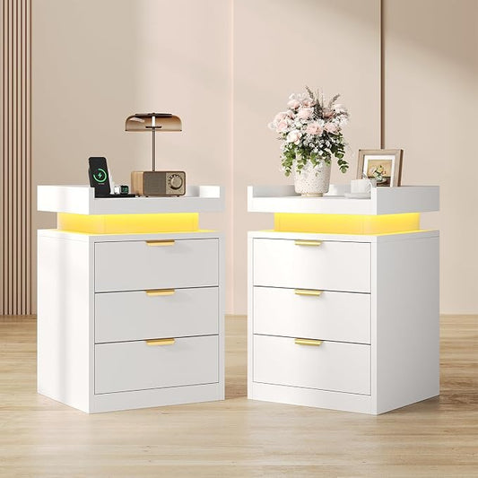 knoworld LED Nightstand Set of 2 with Charging Station & USB Ports, 3-Drawer Bedside Table with Adjustable RGB LED Lights, High-Gloss Modern Nightstands for Bedroom, White