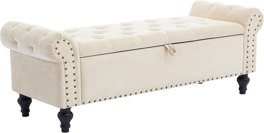 55" Storage Bench for Bedroom, Upholstered Ottoman Bench, Chenille Beige | End of Bed Bench for Bedroom, Window Benches for Living Room, Entryway, Ottoman with Large Storage Space, Pet Friendly