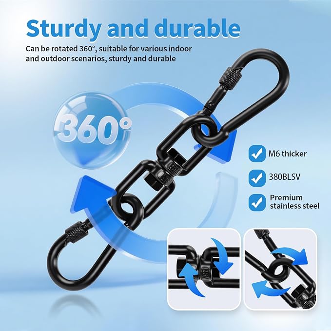 Aheucndg 380 lb Capacity Heavy Duty Double Ended Eye Hook with Snap Hook, SUS304 Swivel Hooks 1Pack + Snap Hooks 2Pack, for Aerial Yoga, Hanging Hammock, Web Tree Swing, Swing Spinner M6 Black