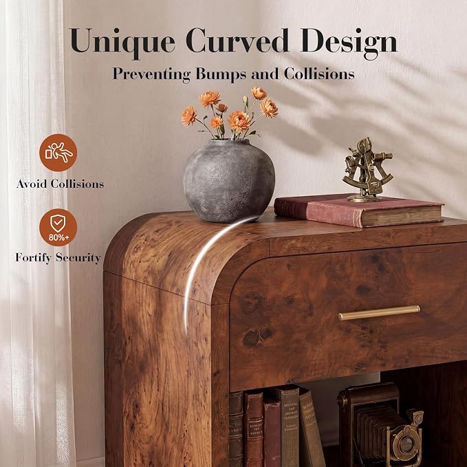 Night Stand [Unique Curved Profile] [FSC-Certified Wooden Board] 1-Drawer and 1 Storage Shelf Nightstand 24" H Metal Handle Modern Bedside Table Side Table End Table