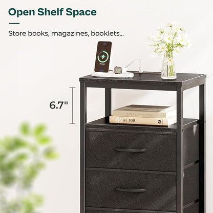 Huuger 5 Drawers Dresser with Charging Station, Dresser for Bedroom, Tall Night Stand, Chest of Drawers with Open Shelf, Bedside Table Nightstand, Fabric Storage Drawers, for Entryway, Black