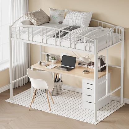 GarveeHome Loft Bed Twin Size, Heavy Duty Metal Loft Bed Frame with Arched Guardrail and Safety Ladder, Space-Saving, No Box Spring Needed, Modern White