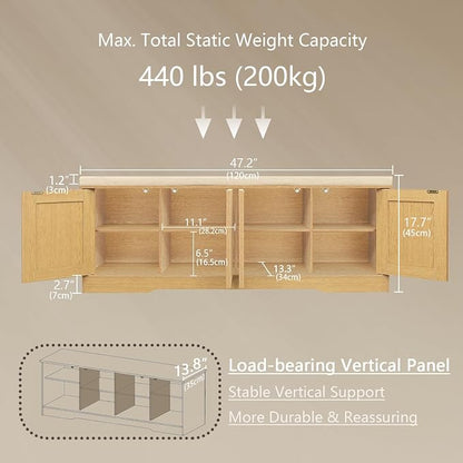 DINZI LVJ Shoe Bench, Entryway Storage Bench with Doors, Cushion, 2-Tier Shoe Rack with 8-Cubby, 47.2”L x 13.8”W Shoe Organizer Cabinet, Adjustable Shelf, Living Room, Bedroom, Natural with Rattan