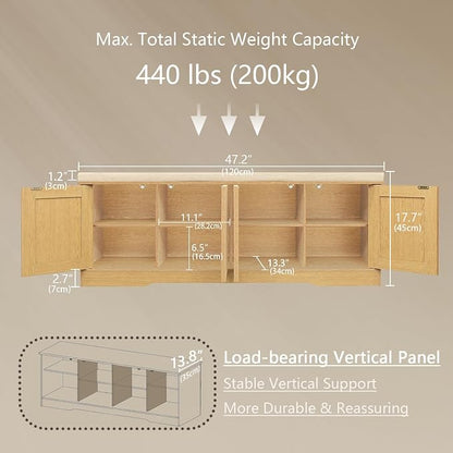 DINZI LVJ Shoe Bench, Entryway Storage Bench with Doors, Cushion, 2-Tier Shoe Rack with 8-Cubby, 47.2”L x 13.8”W Shoe Organizer Cabinet, Adjustable Shelf, Living Room, Bedroom, Natural