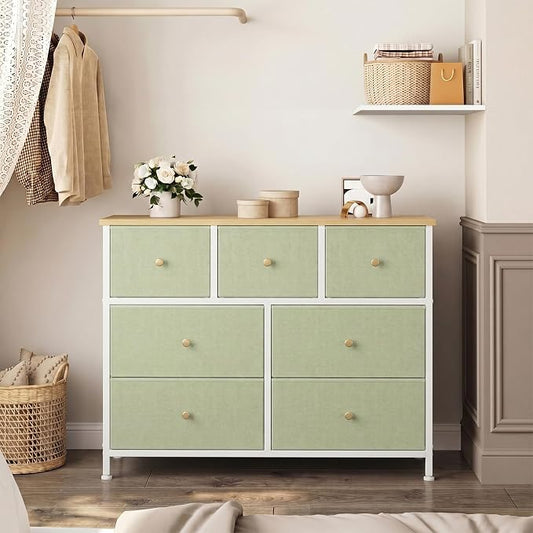 OLIXIS 7 Drawer Dresser for Bedroom, Tall Fabric Storage Tower with Sturdy Steel Frame and Wooden Top, Large Dresser for Living Room Entryway with Easy Pull Fabric Bins,Light Green