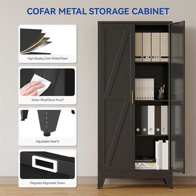 COFaR 61'' Tall Metal Storage Cabinet, Farmhouse Kitchen Pantry Cabinet with Doors and 3 Adjustable Shelves, Black Metal Cabinets for Garage, Kitchen, Bathroom, Laundry, 4-Tier