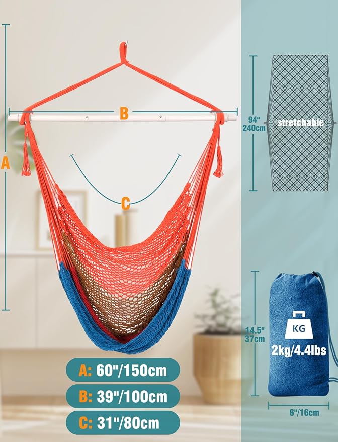 Chihee Handwoven Cotton Hammock Chair Large Hanging Rope Chair 7.9ft with Detachable Strong Metal Spreader Bar, Breathable Net Swing Seat Color Blocking, Portable with Carry Bag, Indoor Outdoor Use