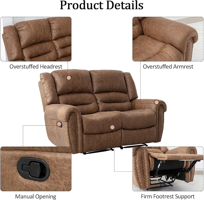 CANMOV Faux Leather Manual Recliner Sofa Set, 2 Recliner Chair and a Loveseat Sofa for Living Room,Bedroom Furniture, Office, Nut Brown