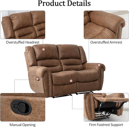 CANMOV Faux Leather Manual Recliner Sofa Set, 2 Recliner Chair and a Loveseat Sofa for Living Room,Bedroom Furniture, Office, Nut Brown