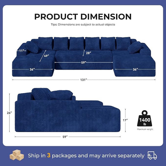 131'' Large Sectional Couches with Chaise Lounge, U-Shaped No Assembly Required Deep Seat Modular Cloud Sofa for Living Room 1PCS, Bedroom
