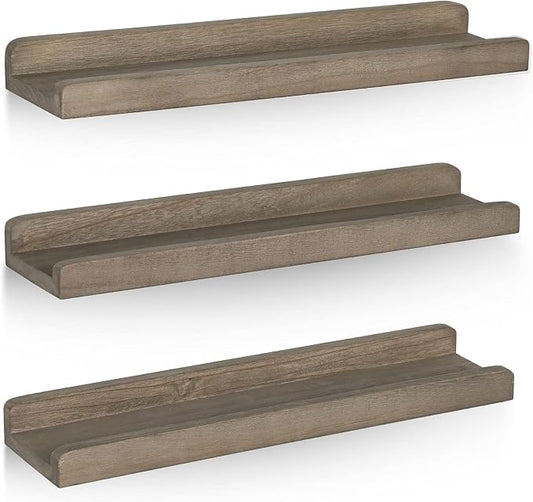 Emfogo Wood Picture Ledge Shelf Rustic Floating Wall Shelves Set of 3 for Storage and Display 16.9 inch Weathered Grey