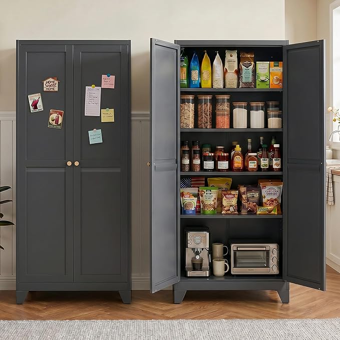 71" Metal Kitchen Pantry Cabinet with Dual Handles & Adjustable Legs, Freestanding Storage Cabinet with Doors and 4 Adjustable Shelves, Tall Food Pantry for Kitchen Dining Room, Black