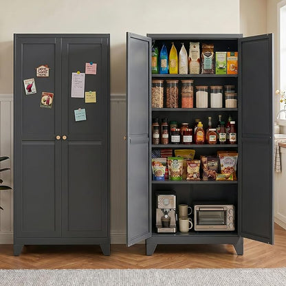 71" Metal Kitchen Pantry Cabinet with Dual Handles & Adjustable Legs, Freestanding Storage Cabinet with Doors and 4 Adjustable Shelves, Tall Food Pantry for Kitchen Dining Room, Black