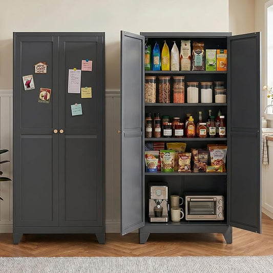 71" Metal Kitchen Pantry Cabinet with Dual Handles & Adjustable Legs, Freestanding Storage Cabinet with Doors and 4 Adjustable Shelves, Tall Food Pantry for Kitchen Dining Room, Black