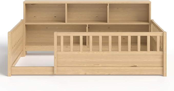Bellemave Kids Montessori Floor Bed Twin Size,Floor Bed Frame with Bookcase and Fence for Kids Boys Girls,Natural
