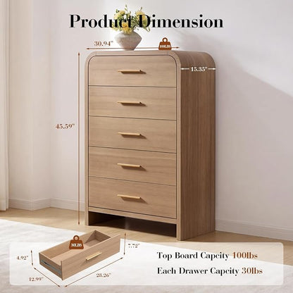 Curved 5 Drawer Dresser for Bedroom, 31'' Wide Chest of Drawers, Modern Storage Cabinet for Hallway & Living Room TV Stand, FSC Certified 1.18" Thick Board, 100 lbs Top Weight, Oak