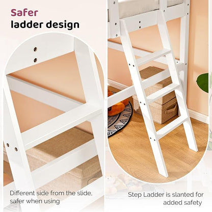 VINGLI Loft Bed with Slide, Twin Space Saving Kids Low Loft with Guardrail and Ladder, Pine Wood and Sturdy Single Bed Frame for Boys and Girls, White