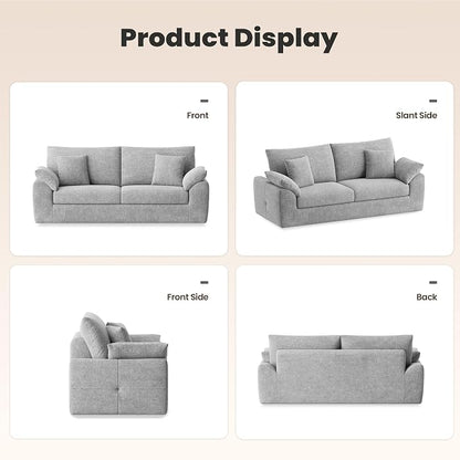 90" Boneless Loveseat Sofa, Polyester Fabric 2-Seater Couch with 4 Pillows, No Assembly Required, Soft High Density Foam Cushion, Pillow Armrest for Living Room Bedroom Apartment (Grey)