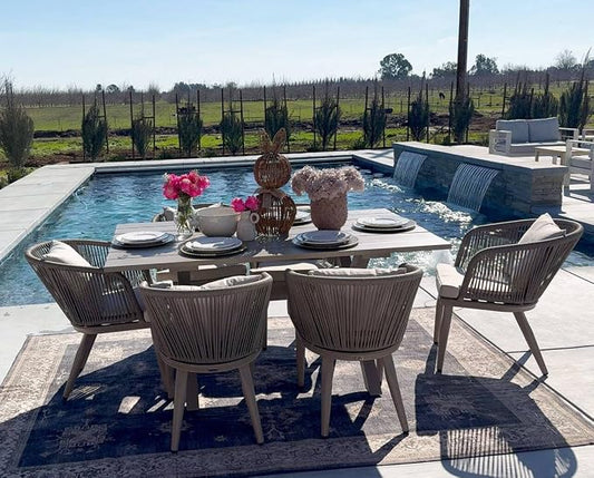 PURPLE LEAF 7 Pieces Patio Dining Set Wicker Outdoor Furniture Rectangular Table and Chairs Set for Garden Deck Aluminum Frame Backyard Kitchen Set, Cushions and Pillows Included Champagne