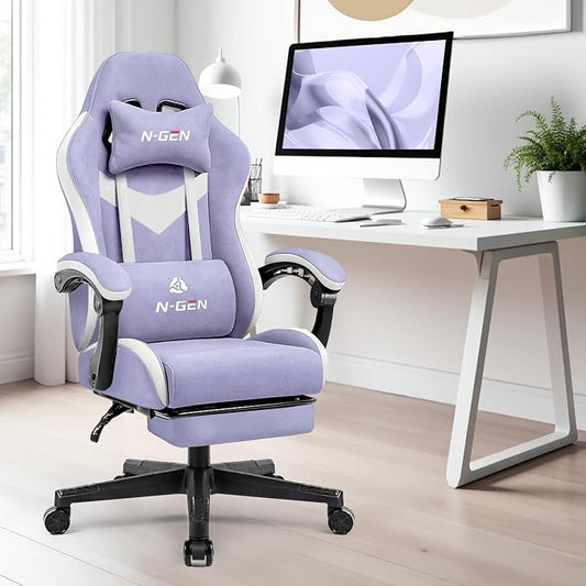 N-GEN GAMING Video Gaming Chair with Footrest Lumbar Support for Home Office High Back Recliner Height Adjustable Ergonomic Comfy Fabric Computer Desk Chair (Purple)