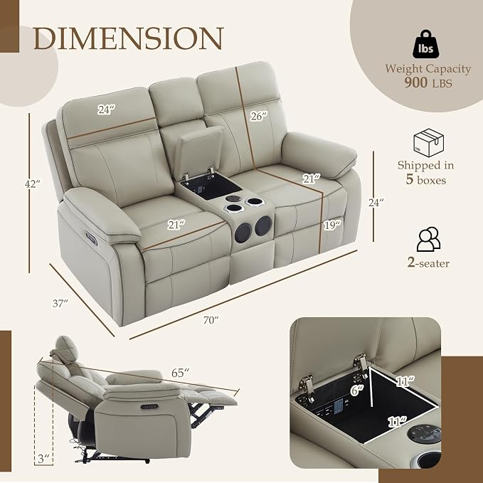 Power Reclining Loveseat with LED Reading Light/Storage Drawer/Bluetooth Speakers, Power Loveseat Recliner Sofa Wall Hugger Reclining Loveseat with Outlets(Grey, 2 Seat with Console)