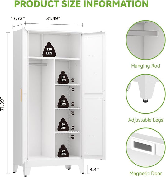 Baborokic Metal Wardrobe Cabinet with Hanging Rod,Large 71" Armoire Wardrobe Closet with Adjustable Shelves and Doors,Farmhouse Metal Office Cabinets for Bedroom,Office,Employee(White)