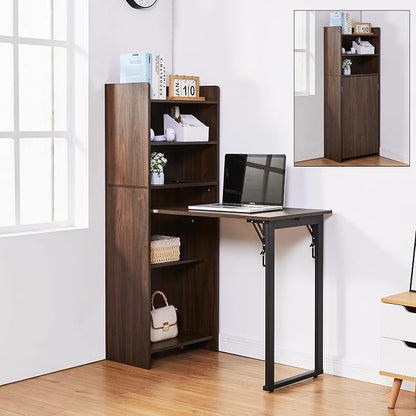 Foldable Desk with Storage,Hidden Desk with Built-in Socket,Fold Out Writing Table for Small Spaces,Home Office and Bedroom (Dark Walnut)