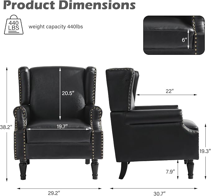 High Back Accent Chair, Faux Leather Wingback Chair Upholstered Armchair for Living Room - Black