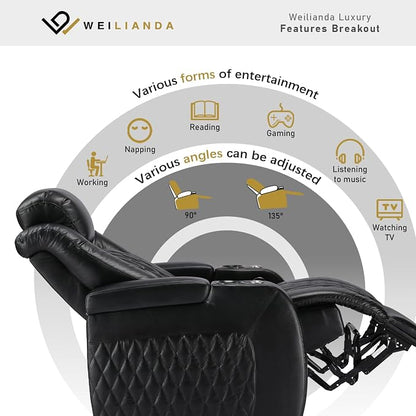 Weilianda Home Theater Seating Top Grain Leather Zero Gravity Recliner Chair Power Headrest Recline Movie Seat Gaming 7 Colors Mood Light Sofa with Tray Table USB Charge Row of 4 Loveseat Right Black