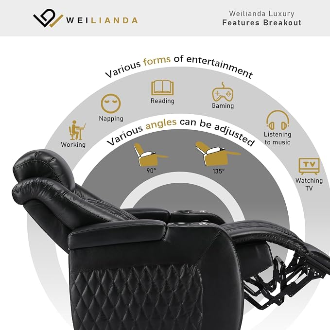 Weilianda Home Theater Seating Top Grain Leather Zero Gravity Recliner Chair Power Headrest Recline Movie Seat Gaming 7 Colors Mood Light Sofa with Tray Table USB Charge Row of 5 Loveseat Left Black