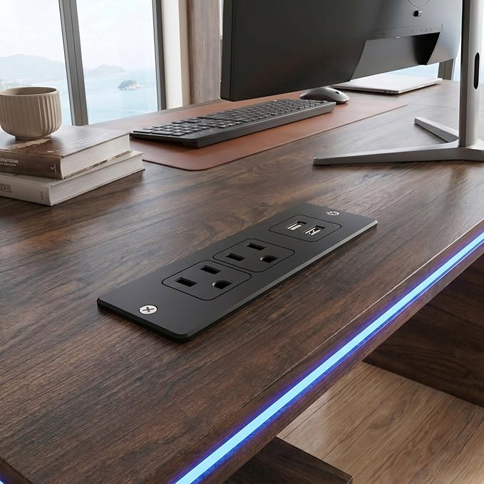 MOUMON 63" Executive Standing Desk with Storage Pedestals and LED Lights, Electric Height Adjustable Desk with Shelves and Built-in Outlets, Walnut and Black 63" W x 27.6" D x 29.4"-46.9" H