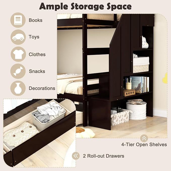 KOMFOTT Wood Twin Over Twin Bunk Bed with Storage Drawers & Stairs, Bunk Beds with Bookcase & Safety Guardrail, Solid Wood Slatted Bunk Bed for Kids Teens Adults, No Box Spring Needed (Espresso)