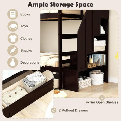 KOMFOTT Wood Twin Over Twin Bunk Bed with Storage Drawers & Stairs, Bunk Beds with Bookcase & Safety Guardrail, Solid Wood Slatted Bunk Bed for Kids Teens Adults, No Box Spring Needed (Espresso)