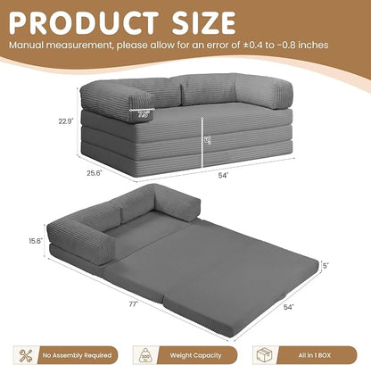 Convertible Sofa Bed Full,5-in-1 Folding Boneless Couch Corduroy Futon Sofa Bed,Tri-Fold Mattress with Removable Armrests & Handle,Sleeper with Pull Out Bed for Small Space Bedroom Grey